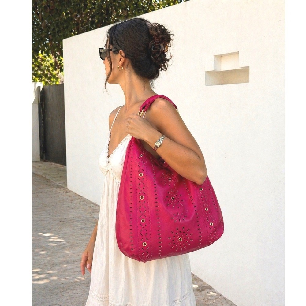 Furla Pink Fuschia Perforated Leather Hobo Bag Oversized Slouchy Gold Hardware